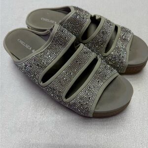 Chelsea & Violet Silver Gray Rhinestone Slide Sandals